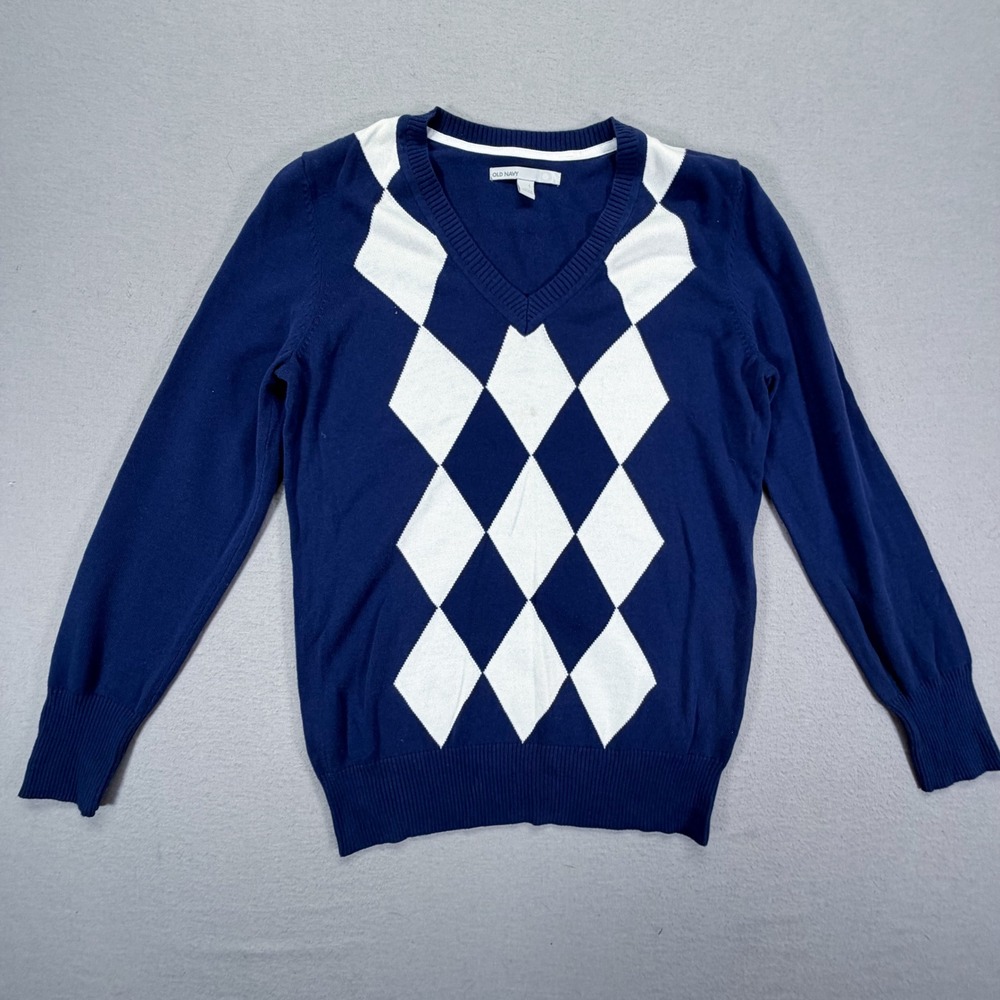 Old Navy Sweater Mens Large Blue Argyle V-Neck Cotton Knit